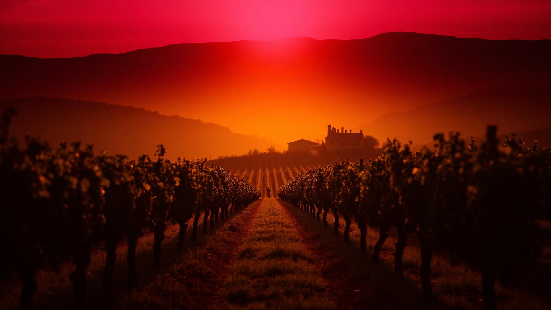 Sunlit vineyard rows with a stone farmhouse in the distance