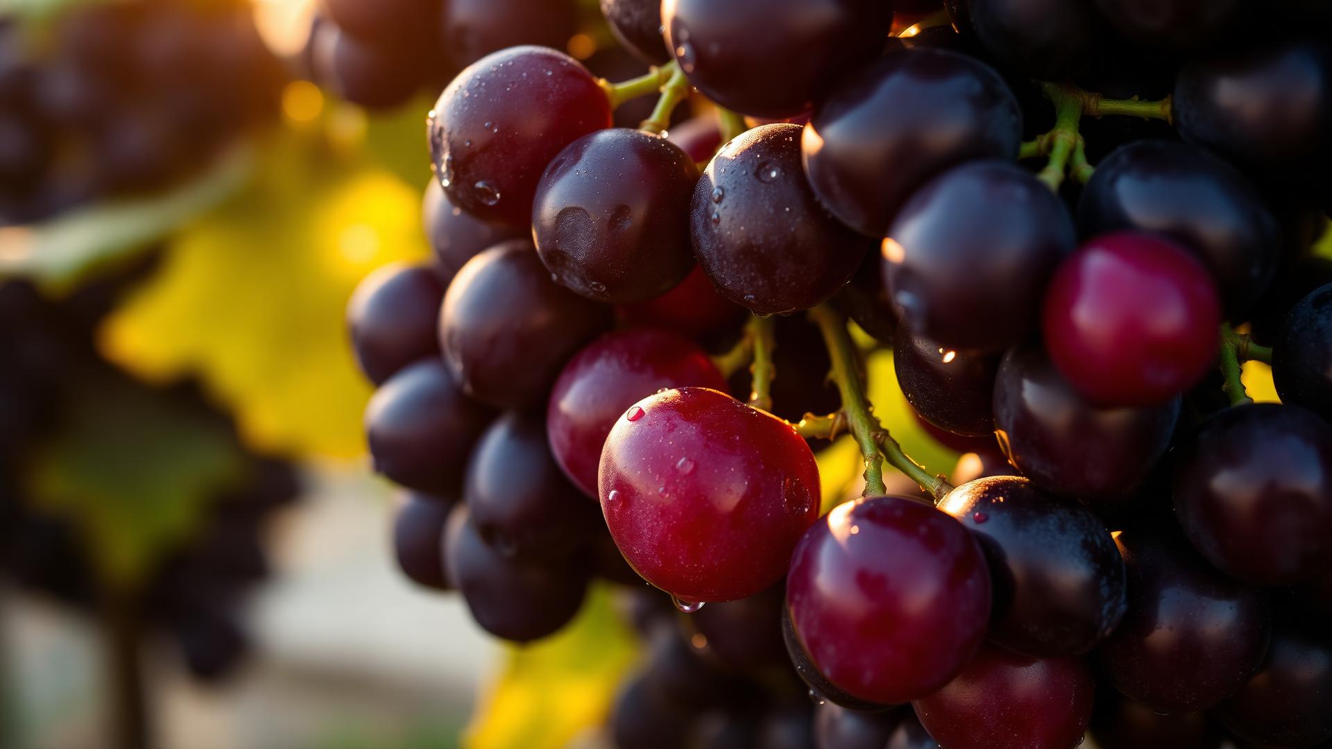 Ripe wine grapes on the vine in warm afternoon light
