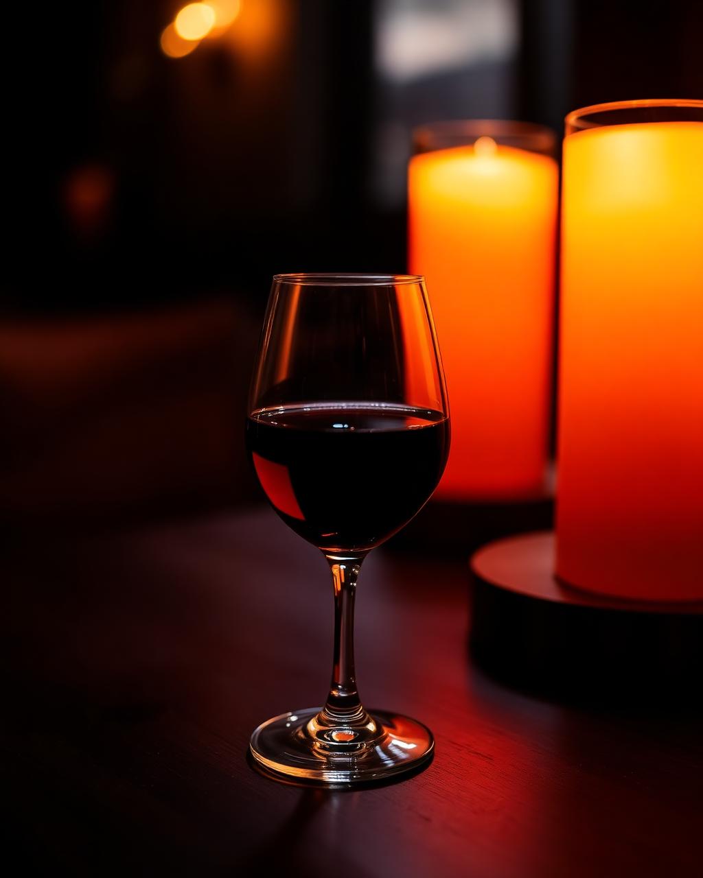 Glass of red wine on a candlelit table